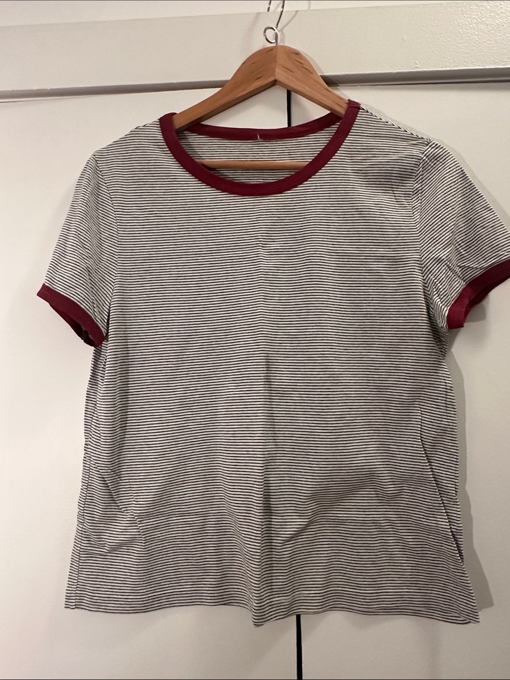 Striped Crewneck Ringer Tee in White and Burgundy